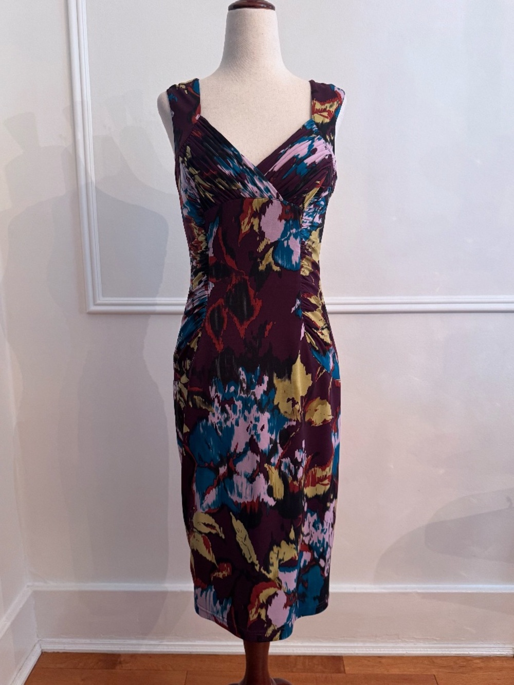 Adrianna Papell Plum Teal Gold Abstract Floral Ruched Sheath Dress Sz 4